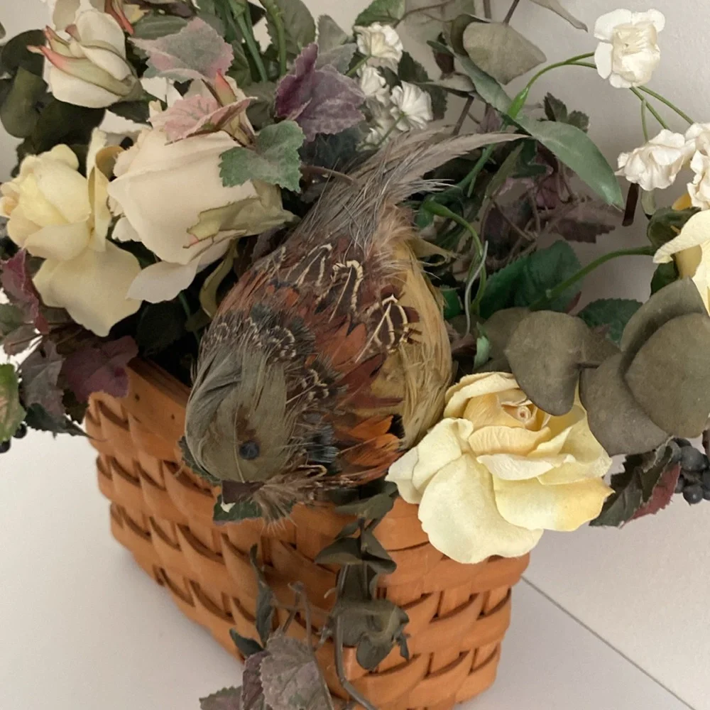 Elegant Cream faux Floral  arrangement Basket with Bird Cottagecore